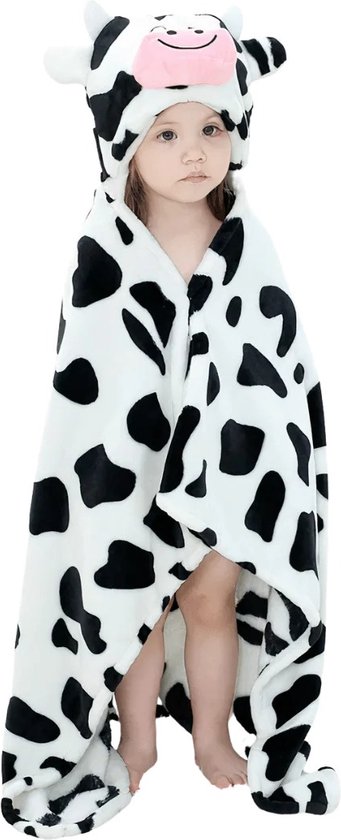 BoefieBoef Baby Kinderdeken Koe – Multifunctionele Flanellen Fleece Badcape, Wikkelcape en Speelkleed – 70x100 cm – Uniek Kraamcadeau en Kerstcadeau Baby en Peuter – Babykleedje met Dierenprint – Carnaval Kostuum of Knuffeldeken – jongens en meisjes van BoefieBoef