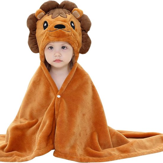 BoefieBoef Baby Kinderdeken Leeuw - Stoere Badcape/Wikkelcape van Superzachte Fleece - jongen meisje - Kinderdeken met Dierenprint - Perfect als Kraamcadeau, Kerstcadeau en Carnavalskostuum - Peuters en Kleuters - Origineel Babykleedje - Bruin van Merkloos