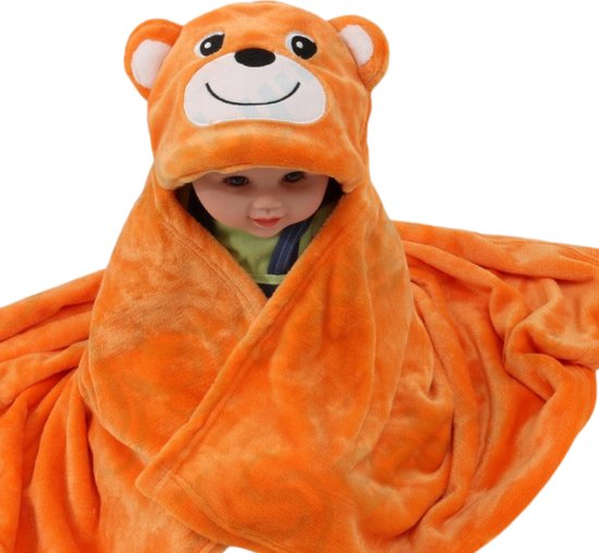 BoefieBoef Beer 2-in-1 Fleece Badcape & Wikkeldeken voor Baby's/Peuters met Dierencapuchon: Warm, Zacht & Comfortabel - Ideaal als Kerst- Verjaardags of Kraamcadeau – Oranje Beer Bruin