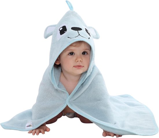BoefieBoef Beer Baby Badcape - Eco Bamboe Katoen Kinder Handdoek - Badponcho - Peuter Badjas - Kleuter Strandlaken - 0 tot 5 jaar - Dieren 75x75 - Blauw- Jongens en Meisjes - Badstof - Perfect Kerst- en Kraamcadeau - omslagdoek van Merkloos