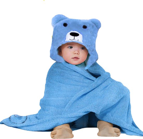 BoefieBoef Blauwe Beer 2-in-1 Fleece Badcape & Wikkeldeken voor Baby's/Peuters met Dierencapuchon: Warm, Zacht & Comfortabel - Ideaal als Kerst- Verjaardags of Kraamcadeau – van BoefieBoef