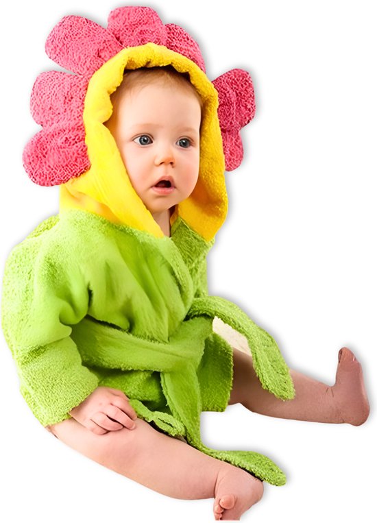 BoefieBoef Bloem Kinder Badjas Baby & Peuter 0-2 Jaar (Max 85 cm) – Zacht Katoen Badstof met Dieren Capuchon – Absorberende Ochtendjas Handdoek voor Jongens & Meisjes – Zwemles, Carnaval, Verjaardag & Kraamcadeau – Perfect na Bad & Zwemmen - Groen van BoefieBoef