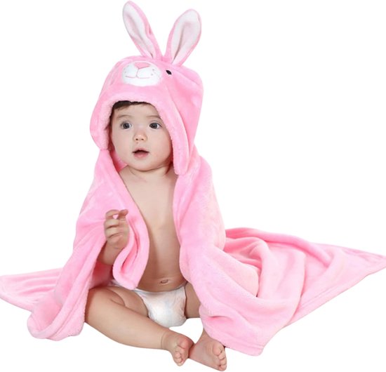 BoefieBoef Bloem Konijn 2-in-1 Fleece Badcape & Wikkeldeken voor Baby's/Peuters met Dierencapuchon: Warm, Zacht & Comfortabel - Ideaal als Kerst- Verjaardags of Kraamcadeau – Roze van BoefieBoef