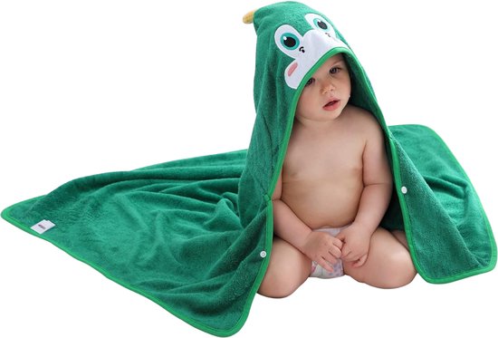 BoefieBoef Dinosaurus Baby Badcape - Eco Bamboe Katoen Kinder Handdoek - Badponcho - Peuter Badjas - Kleuter Strandlaken - 0 tot 5 jaar - Dieren 75x75 - Groen - Jongens en Meisjes - Badstof - Perfect Kerst- en Kraamcadeau - omslagdoek van Merkloos