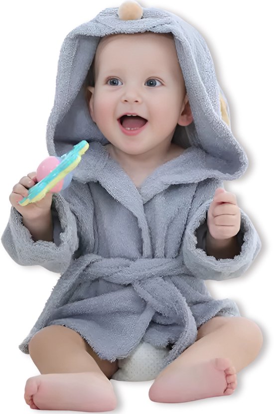 BoefieBoef Donkere Muis Kinder Badjas Baby & Peuter 0-2 Jaar (0-85 cm) – Zacht Katoen Badstof met Dieren Capuchon – Absorberende Ochtendjas Handdoek voor Jongen & Meisje – Zwemles, Carnaval, Verjaardag & Kraamcadeau – Perfect na Bad & Zwemmen