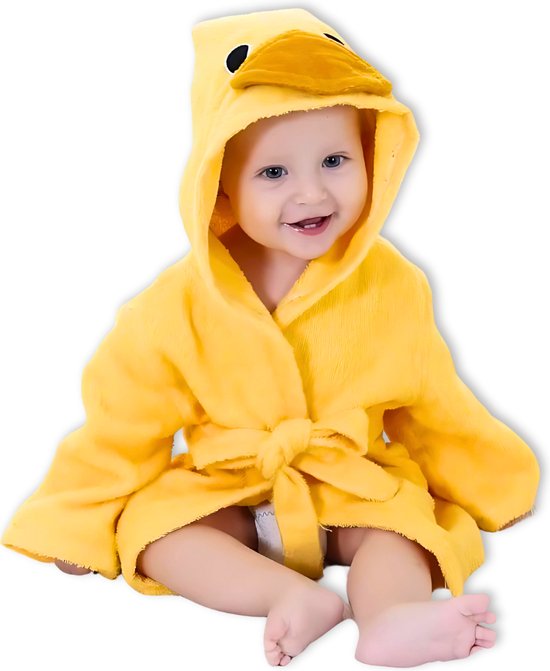 BoefieBoef Eend Kinder Badjas Baby & Peuter 0-2 Jaar (Max 85 cm) – Zacht Katoen Badstof met Dieren Capuchon – Absorberende Ochtendjas Handdoek voor Jongens & Meisjes – Zwemles, Carnaval, Verjaardag & Kraamcadeau – Perfect na Bad & Zwemmen - Geel