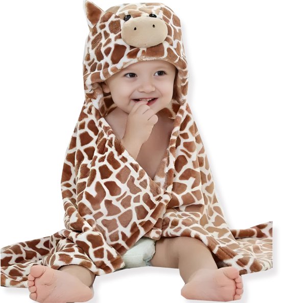 BoefieBoef Giraffe 2-in-1 Fleece Badcape & Wikkeldeken voor Baby's/Peuters met Dierencapuchon: Warm, Zacht & Comfortabel - Ideaal als Kerst- Verjaardags of Kraamcadeau – Giraffe Bruin Geel