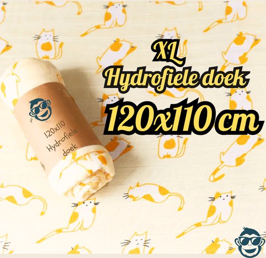 BoefieBoef Grote XL Hydrofiele Doek - Poesjes - Duurzaam Eco Bamboe - Kerst en KraamCadeau - Swaddle, Inbakerdoek, Hydrofiele Luier & Babydeken - Geel Kat van BoefieBoef