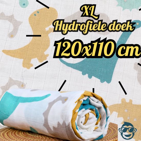 BoefieBoef Grote XL Hydrofiele Doek - XL Dinosaurus - Duurzaam Eco Bamboe - Kerst en KraamCadeau - Swaddle, Inbakerdoek, Hydrofiele Luier & Babydeken - Wit Groen Geel Grijs Groot van Merkloos