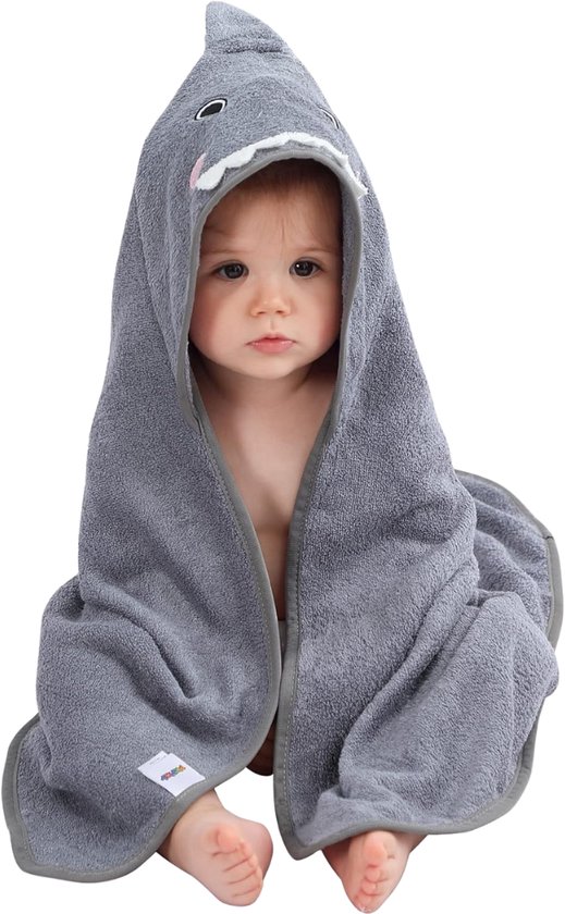 BoefieBoef Haai Baby Badcape - Eco Bamboe Katoen Kinder Handdoek - Badponcho - Peuter Badjas - Kleuter Strandlaken - 0 tot 5 jaar - Dieren 75x75 - Grijs Blauw - Jongens en Meisjes - Badstof - Perfect Kerst- en Kraamcadeau - omslagdoek van BoefieBoef