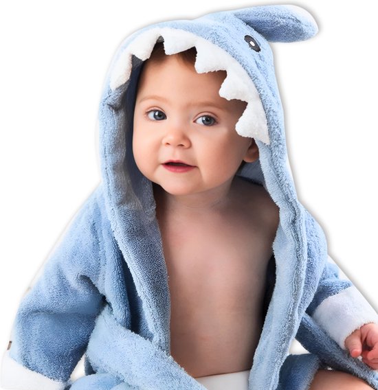 BoefieBoef Haai Blauw Kinder Badjas Baby & Peuter 0-2 Jaar (Max 85 cm) – Zacht Katoen Badstof met Dieren Capuchon – Absorberende Ochtendjas Handdoek voor Jongens & Meisjes – Zwemles, Carnaval, Verjaardag & Kraamcadeau – Perfect na Bad & Zwemmen van BoefieBoef