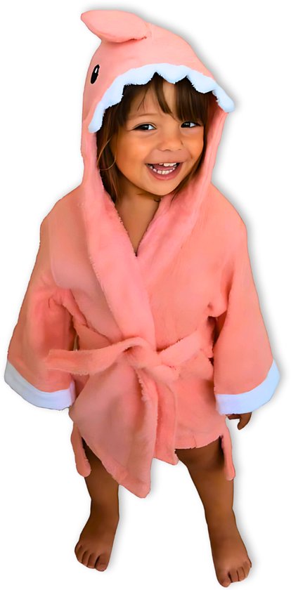 BoefieBoef Haai Roze Kinder Badjas Baby & Peuter 0-2 Jaar (Max 85 cm) – Zacht Katoen Badstof met Dieren Capuchon – Absorberende Ochtendjas Handdoek voor Jongens & Meisjes – Zwemles, Carnaval, Verjaardag & Kraamcadeau – Perfect na Bad & Zwemmen van BoefieBoef