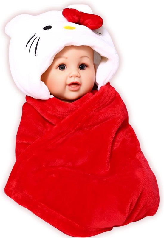 BoefieBoef Hello Kitty! 2-in-1 Fleece Badcape & Wikkeldeken voor Baby's/Peuters met Dierencapuchon: Warm, Zacht & Comfortabel - Ideaal als Kerst- Verjaardags of Kraamcadeau – Kat Rood