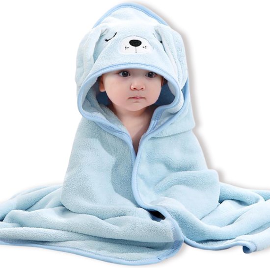 BoefieBoef Hond Baby Badcape & Peuter Handdoek – Superzachte Warme Fleece Wikkeldeken Kinderen 0-3 Jaar – Absorberend & Sneldrogend – Dieren Capuchon – Baby Badhanddoek & Omslagdoek – Jongens & Meisjes - Blauw