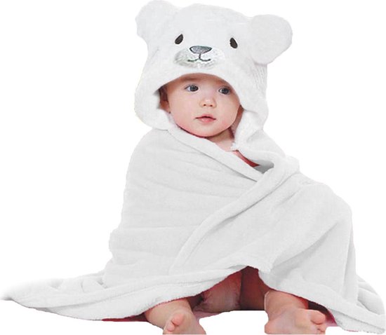 BoefieBoef IJsbeer Wit 2-in-1 Fleece Badcape & Wikkeldeken voor Baby's/Peuters met Dierencapuchon: Warm, Zacht & Comfortabel - Ideaal als Kerst- Verjaardags of Kraamcadeau van BoefieBoef