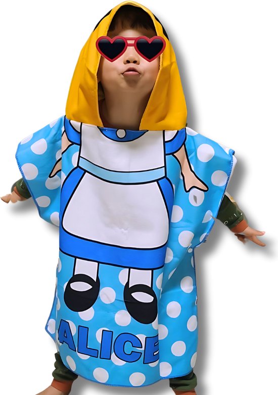 BoefieBoef Kinder Badponcho - Baby Badcape - Microfiber Kleuter Badjas Met Capuchon - Kerst Cadeau - Peuter Strandponcho Voor Kinderen tot 6 jaar - 60x90cm - Alice Wonderland Blauw - meisje - Oranje - Zomer - Strandlaken - Surfponcho -Dreumes
