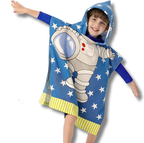 BoefieBoef Kinder Badponcho - Baby Badcape - Microfiber Kleuter Badjas Met Capuchon - Kerst Cadeau - Peuter Strandponcho Voor Kinderen tot 6 jaar - 60x90cm - Astronaut Blauw - jongens - meisje - Peuter - Zomer - Strandlaken - Surfponcho - Dreumes van Merkloos