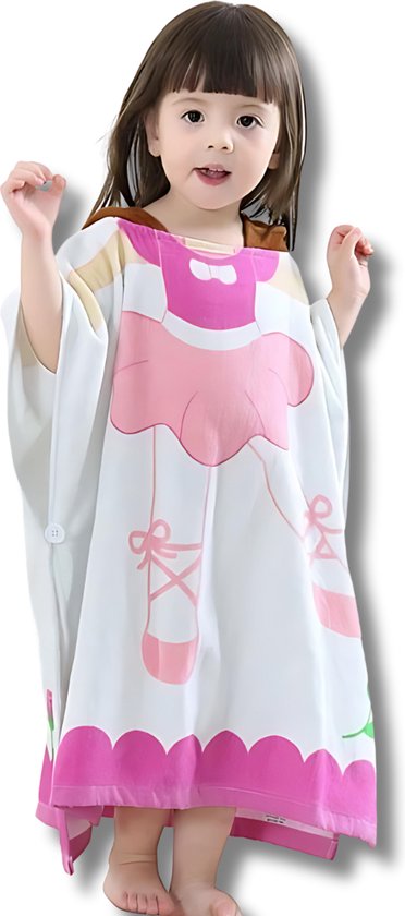 BoefieBoef Kinder Badponcho - Baby Badcape - Microfiber Kleuter Badjas Met Capuchon - Kerst Cadeau - Peuter Strandponcho Voor Kinderen tot 6 jaar - 60x90cm - Ballet Dansen Roze Wit - jongens - meisje - Peuter - Zomer - Strandlaken - Surfponcho van Merkloos