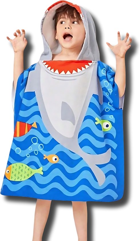 BoefieBoef Kinder Badponcho - Baby Badcape - Microfiber Kleuter Badjas Met Capuchon - Kerst Cadeau - Peuter Strandponcho Voor Kinderen tot 6 jaar - 60x90cm - Haai Blauw - jongens - meisje - Peuter - Zomer - Strandlaken - Surfponcho van Merkloos