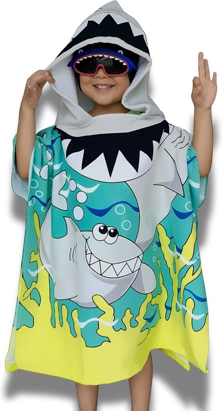 BoefieBoef Kinder Badponcho - Baby Badcape - Microfiber Kleuter Badjas Met Capuchon - Kerst Cadeau - Peuter Strandponcho Voor Kinderen tot 6 jaar - 60x90cm - Haaien Zee Grijs - jongens - meisje - Peuter - Zomer - Strandlaken - Surfponcho - Dreumes van BoefieBoef