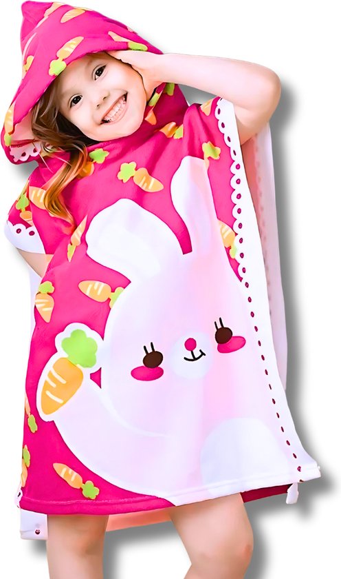 BoefieBoef Kinder Badponcho - Baby Badcape - Microfiber Kleuter Badjas Met Capuchon - Kerst Cadeau - Peuter Strandponcho Voor Kinderen tot 6 jaar - 60x90cm - Konijn Roze Rood - jongens - meisje - Peuter - Zomer - Strandlaken - Surfponcho van BoefieBoef