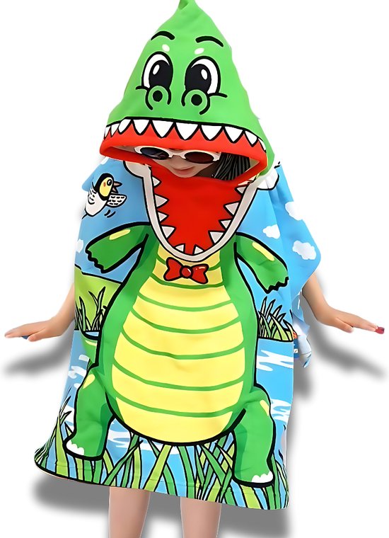 BoefieBoef Kinder Badponcho - Baby Badcape - Microfiber Kleuter Badjas Met Capuchon - Kerst Cadeau - Peuter Strandponcho Voor Kinderen tot 6 jaar - 60x90cm - Krokodil Alligator Groen - jongens - meisje - Peuter - Zomer - Strandlaken - Surfponcho