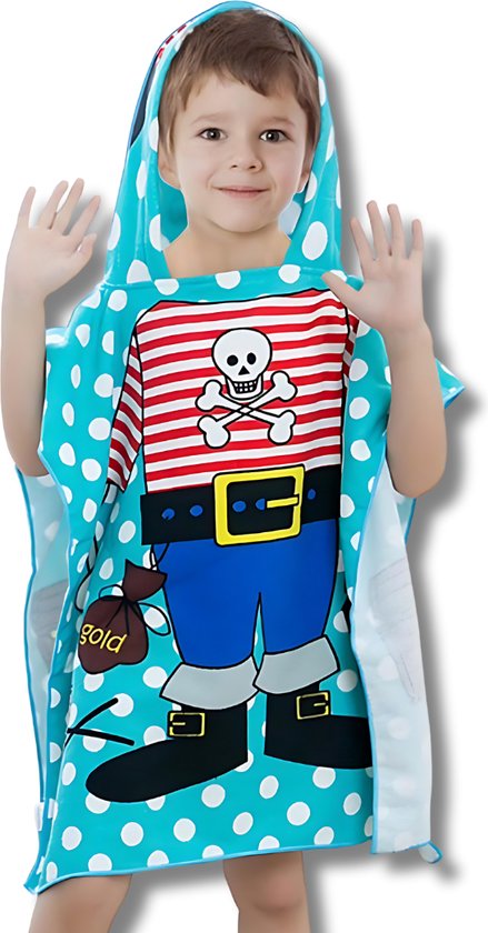 BoefieBoef Kinder Badponcho - Baby Badcape - Microfiber Kleuter Badjas Met Capuchon - Kerst Cadeau - Peuter Strandponcho Voor Kinderen tot 6 jaar - 60x90cm - Piraat Schat Rood - jongens - meisje - Peuter - Zomer - Strandlaken - Surfponcho -Dreumes