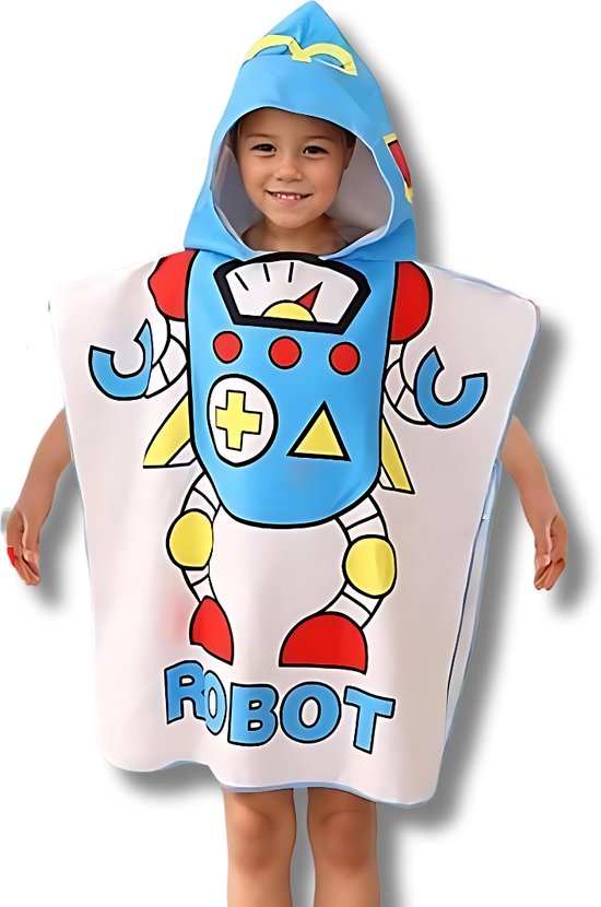 BoefieBoef Kinder Badponcho - Baby Badcape - Microfiber Kleuter Badjas Met Capuchon - Kerst Cadeau - Peuter Strandponcho Voor Kinderen tot 6 jaar - 60x90cm - Robot Wit - jongens - meisje - Peuter - Zomer - Strandlaken - Surfponcho - Dreumes