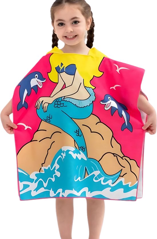 BoefieBoef Kinder Badponcho - Baby Badcape - Microfiber Kleuter Badjas Met Capuchon - Kerst Cadeau - Peuter Strandponcho Voor Kinderen tot 6 jaar - 60x90cm - Roze Dolfijn Zeemeermin - meisje - Peuter - Zomer - Strandlaken - Surfponcho - Dreumes van Merkloos