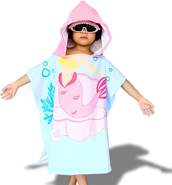 BoefieBoef Kinder Badponcho - Baby Badcape - Microfiber Kleuter Badjas Met Capuchon - Kerst Cadeau - Peuter Strandponcho Voor Kinderen tot 6 jaar - 60x90cm - Roze Zeemeermin - Dreumes - jongens - meisje - Peuter - Zomer - Strandlaken - Surfponcho van Merkloos