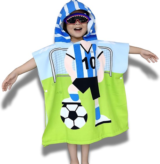BoefieBoef Kinder Badponcho - Baby Badcape - Microfiber Kleuter Badjas Met Capuchon - Kerst Cadeau - Peuter Strandponcho Voor Kinderen tot 6 jaar - 60x90cm - Voetbal Argentinië Messi - jongens - meisje - Peuter - Zomer - Strandlaken - Surfponcho van BoefieBoef