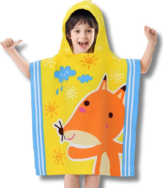 BoefieBoef Kinder Badponcho - Baby Badcape - Microfiber Kleuter Badjas Met Capuchon - Kerst Cadeau - Peuter Strandponcho Voor Kinderen tot 6 jaar - 60x90cm - Vos Geel Zon - jongens - meisje - Peuter - Zomer - Strandlaken - Surfponcho -Dreumes van BoefieBoef