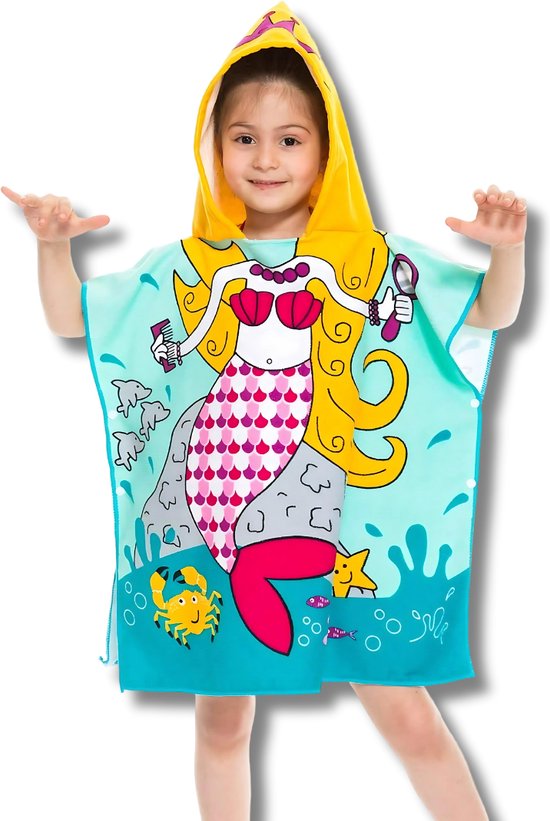 BoefieBoef Kinder Badponcho - Baby Badcape - Microfiber Kleuter Badjas Met Capuchon - Kerst Cadeau - Peuter Strandponcho Voor Kinderen tot 6 jaar - 60x90cm - Zeemeermin Blond Geel Roze - jongens - meisje - Peuter - Zomer - Strandlaken - Surfponcho van BoefieBoef
