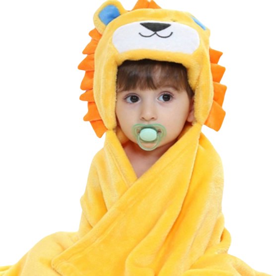 BoefieBoef Leeuw 2-in-1 Fleece Badcape & Wikkeldeken voor Baby's/Peuters met Dierencapuchon: Warm, Zacht & Comfortabel - Ideaal als Kerst- Verjaardags of Kraamcadeau – Geel Blauwe Oren van BoefieBoef