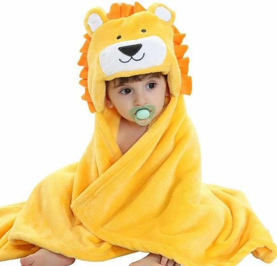 BoefieBoef Leeuw 2-in-1 Fleece Badcape & Wikkeldeken voor Baby's/Peuters met Dierencapuchon: Warm, Zacht & Comfortabel - Ideaal als Kerst- Verjaardags of Kraamcadeau – Leeuw Geel Witte Oren van BoefieBoef
