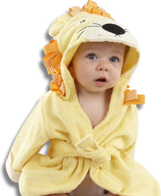 BoefieBoef Leeuw Kinder Badjas Baby & Peuter 0-2 Jaar (Max 85 cm) – Zacht Katoen Badstof met Dieren Capuchon – Absorberende Ochtendjas Handdoek voor Jongens & Meisjes – Zwemles, Carnaval, Verjaardag & Kraamcadeau – Perfect na Bad & Zwemmen - Geel