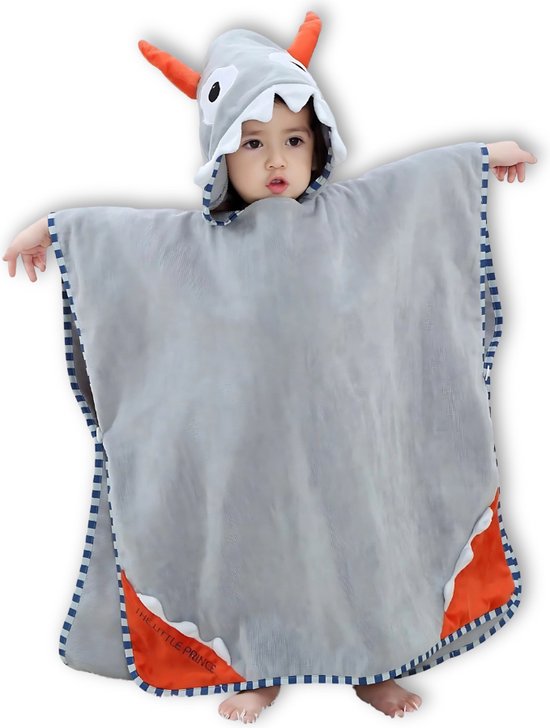BoefieBoef Monster Bio Katoen Baby & Kinder Badponcho met Capuchon - Dieren Design - Badcape 1-7 Jaar - Peuter Strandponcho & Kleuter Zwemponcho - Absorberend & Sneldrogend - Handdoek - Kraamcadeau - jongens - meisjes - Sinterklaas - kerst - Grijs van Merkloos