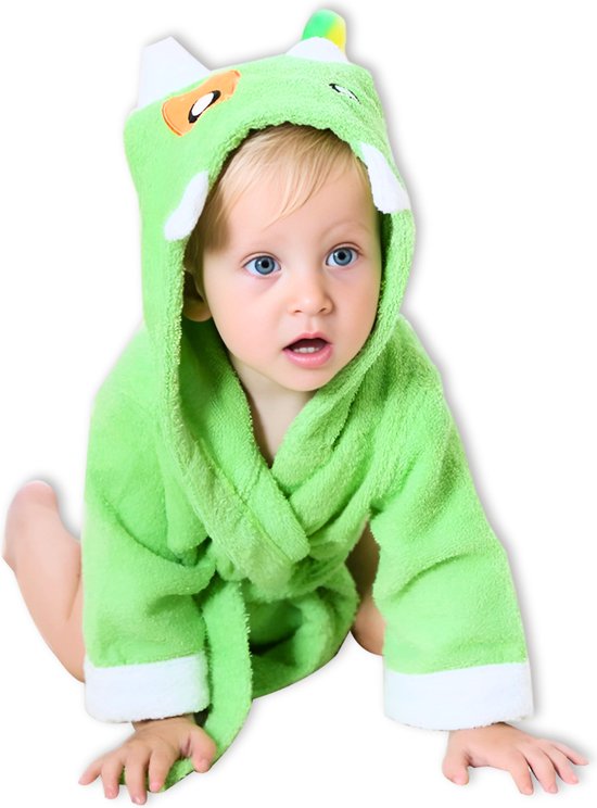 BoefieBoef Monster Kinder Badjas Baby & Peuter 0-2 Jaar (Max 85 cm) – Zacht Katoen Badstof met Dieren Capuchon – Absorberende Ochtendjas Handdoek voor Jongens & Meisjes – Zwemles, Carnaval, Verjaardag & Kraamcadeau – Perfect na Bad & Zwemmen - Groen