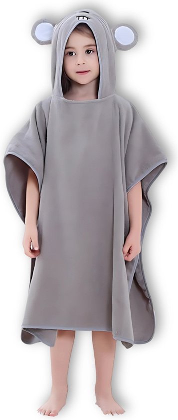 BoefieBoef Muis Bio Katoen Baby & Kinder Badponcho met Capuchon - Dieren Design - Badcape 1-7 Jaar - Peuter Strandponcho & Kleuter Zwemponcho - Absorberend & Sneldrogend - Handdoek - Kraamcadeau – jongens – meisjes – Sinterklaas – kerst - Grijs
