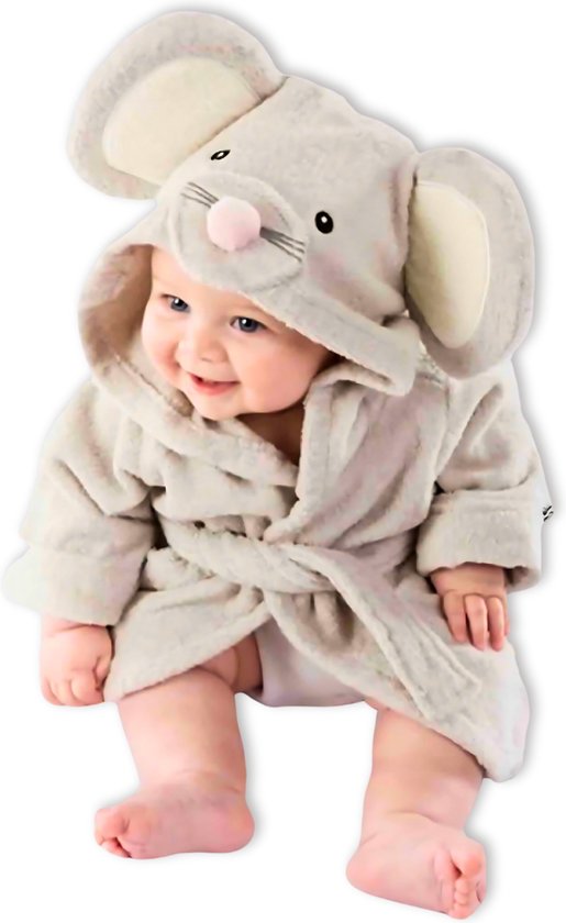 BoefieBoef Muis Kinder Badjas Baby & Peuter 0-2 Jaar (Max 85 cm) – Zacht Katoen Badstof met Dieren Capuchon – Absorberende Ochtendjas Handdoek voor Jongens & Meisjes – Zwemles, Carnaval, Verjaardag & Kraamcadeau – Perfect na Bad & Zwemmen - Grijs van Merkloos