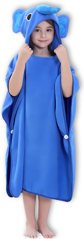 BoefieBoef Olifant Bio Katoen Baby & Kinder Badponcho met Capuchon - Dieren Design - Badcape 1-7 Jaar - Peuter Strandponcho & Kleuter Zwemponcho - Absorberend & Sneldrogend - Handdoek - Kraamcadeau – jongens – meisjes – Sinterklaas – kerst – Blauw