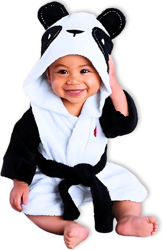 BoefieBoef Panda Kinder Badjas Baby & Peuter 0-2 Jaar (Max 85 cm) – Zacht Katoen Badstof met Dieren Capuchon – Absorberende Ochtendjas Handdoek voor Jongens & Meisjes – Zwemles, Carnaval, Verjaardag & Kraamcadeau – Perfect na Bad & Zwemmen - Wit van BoefieBoef