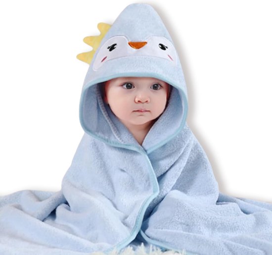 BoefieBoef Pinguin Baby Badcape & Peuter Handdoek – Superzachte Warme Fleece Wikkeldeken Kinderen 0-3 Jaar – Absorberend & Sneldrogend – Dieren Capuchon – Baby Badhanddoek & Omslagdoek – Jongens & Meisjes - Blauw van Merkloos