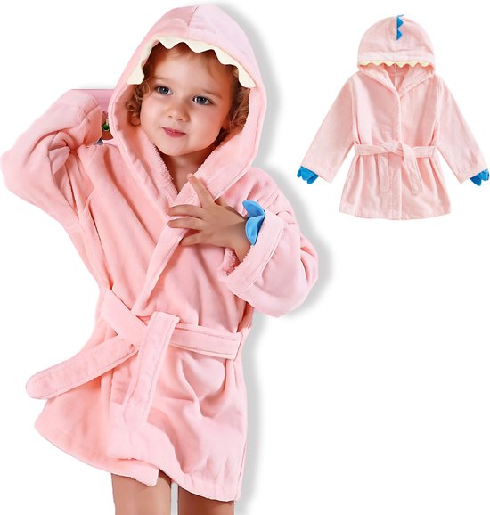 BoefieBoef Roze Dinosaurus Baby Badjas Kinderen 1-3 Jaar - Zachte Katoenen Kleuter Ochtendjas met Capuchon - Absorberende Handdoek Badcape - Warme Peuter Badjas voor Waterpret, Na Bad & Zwemles - Jongens & Meisjes - Perfect Cadeau in 4 Kleuren! van Merkloos