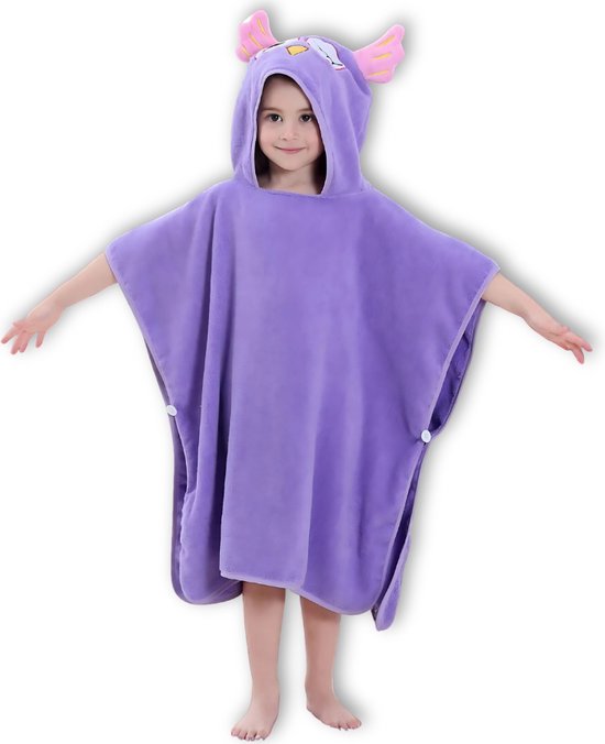 BoefieBoef Uil Bio Katoen Baby & Kinder Badponcho met Capuchon - Dieren Design - Badcape 1-7 Jaar - Peuter Strandponcho & Kleuter Zwemponcho - Absorberend & Sneldrogend - Handdoek - Kraamcadeau – jongens – meisjes – Sinterklaas – kerst - Paars van BoefieBoef