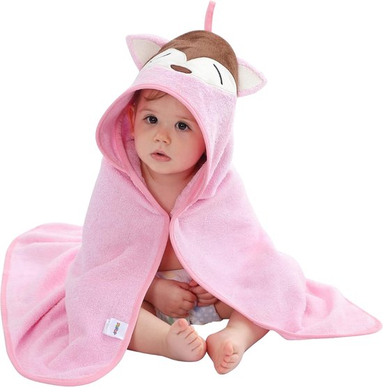 BoefieBoef Vos Bamboe Badcape Kinderen 2 tot 6 jaar - Eco Kinder Handdoek - Baby Badponcho - Peuter Badjas - Kleuter Strandlaken - 2 tot 6 jaar - Dieren 100x100 cm - Roze - Jongens en Meisjes - Badstof - Perfect Kerst- en Kraamcadeau - omslagdoek van BoefieBoef