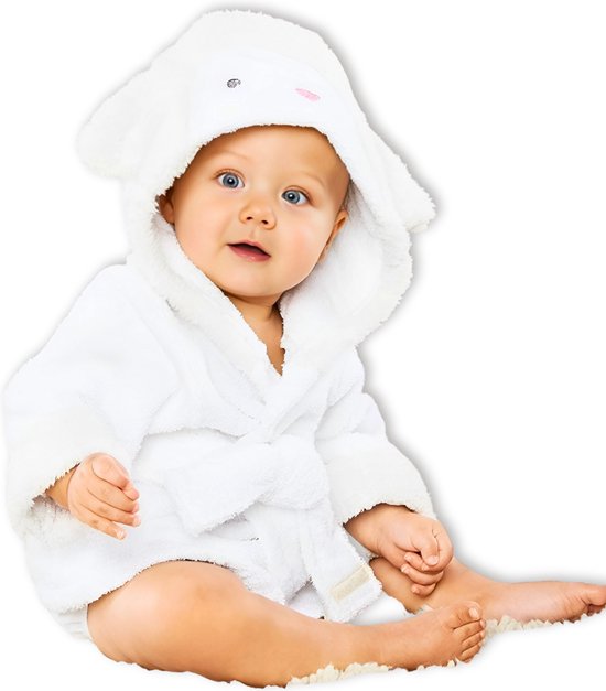 BoefieBoef Wit Schaap Kinder Badjas Baby & Peuter 0-2 Jaar (0-85 cm) – Zacht Katoen Badstof met Dieren Capuchon – Absorberende Ochtendjas Handdoek voor Jongen & Meisje – Zwemles, Carnaval, Verjaardag & Kraamcadeau – Perfect na Bad & Zwemmen van BoefieBoef