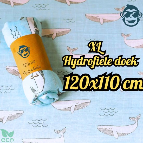 BoefieBoef XL Hydrofiele Doek 120x110cm - Zachte Bamboe Swaddle, Inbakerdoek, Mousseline Doek voor Baby's en Newborns 0 tot 12 maanden - Blauw Walvissen - Dubbellaags, Ademend en Absorberend - Kerst en KraamCadeau - - Duurzaam - Babydeken - Wit van BoefieBoef