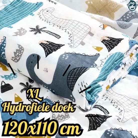 BoefieBoef XL Hydrofiele Doek 120x110cm - Zachte Bamboe Swaddle, Inbakerdoek, Mousseline Doek voor Baby's en Newborns 0 tot 12 maanden - Dinosaurus - Dubbellaags, Ademend en Absorberend - Kerst en KraamCadeau - Duurzaam - Babydeken - Wit Geel Blauw van Merkloos