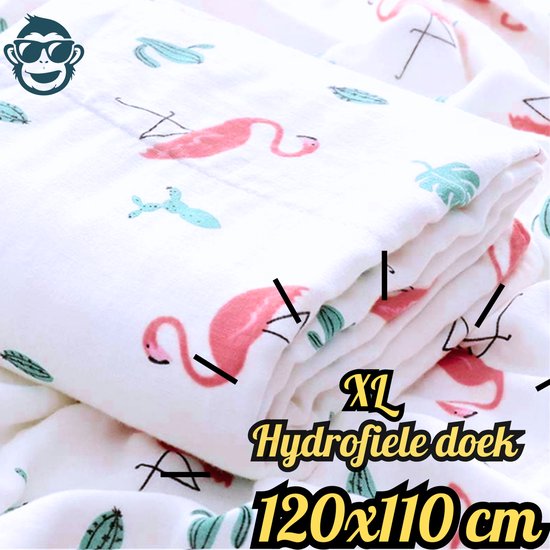 BoefieBoef XL Hydrofiele Doek 120x110cm - Zachte Bamboe Swaddle, Inbakerdoek, Mousseline Doek voor Baby's en Newborns 0 tot 12 maanden - Flamingo - Dubbellaags, Ademend en Absorberend - Kerst en KraamCadeau - Duurzaam - Babydeken - Groen Roze Plant van Merkloos